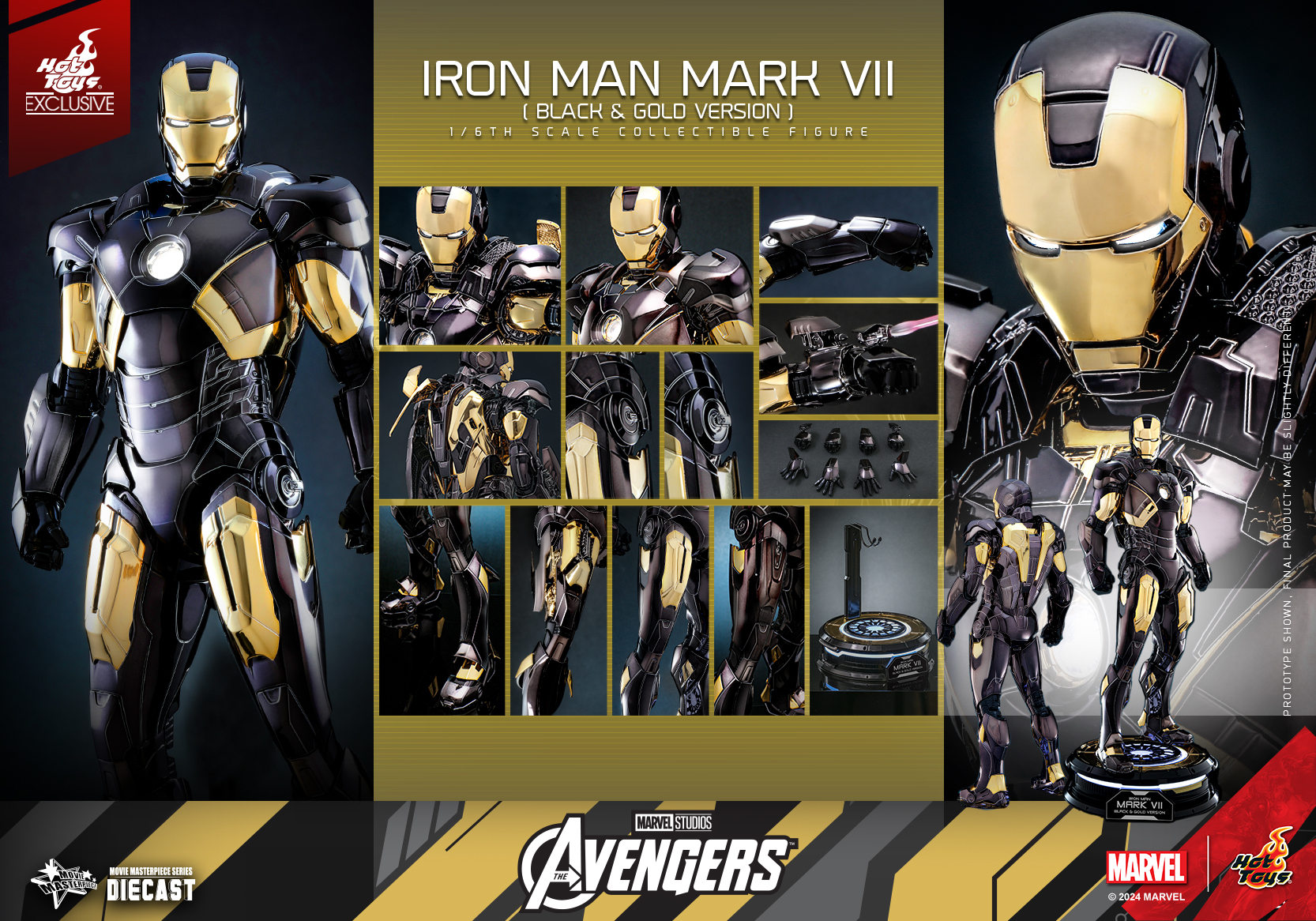 May be an illustration of toy and text that says 'HCto ร EXCLUSIVE IRON MAN MARK VII (BLACK& GOLD VERSION 1/5THSCALECOLECTIBLEFISUPE COLLECTIBLE FIGURE 1/5TH NEE BENASTIP EMATIPEESINE ECESINES រនម DIECAST VENGERS TUOIS MARVESTUORS MARVELS MARVEL 2024MARVEL Tayo'